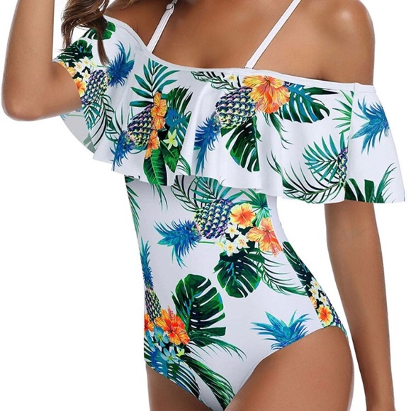 Ruffle Off Shoulder Swimsuit Floral Print - Picture 3 of 8